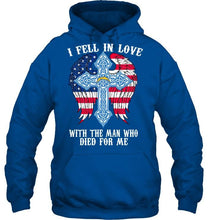 Load image into Gallery viewer, I fell in love with the man who died for me Los Angeles Chargers jesus cross wings shirt