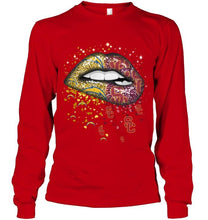 Load image into Gallery viewer, Los Angeles Chargers and USC Trojans glitter pattern sexy lips t shirt