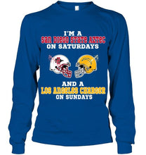 Load image into Gallery viewer, I'm San Diego State Aztec on saturdays and Los Angeles Charger on sundays shirt