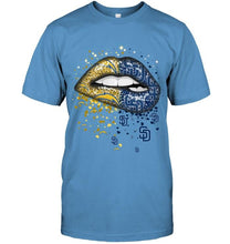 Load image into Gallery viewer, Los Angeles Chargers and San Diego Padres glitter pattern sexy lips t shirt