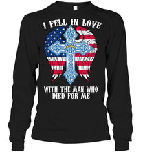 Load image into Gallery viewer, I fell in love with the man who died for me Los Angeles Chargers jesus cross wings shirt