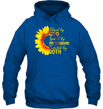 Load image into Gallery viewer, Blessed by God spoiled by my husband protected by both sunflower Black T Shirt