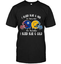 Load image into Gallery viewer, I bleed Fresno State Bulldogs blue &amp; red on saturday sunday I bleed Los Angeles Chargers gold &amp; blue shirt