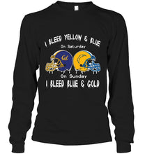 Load image into Gallery viewer, I bleed California Golden Bears yellow &amp; blue on saturday sunday I bleed Los Angeles Chargers gold &amp; blue shirt