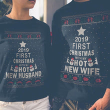 Load image into Gallery viewer, 2019 first christmas with my hot new husband wife couple sweatshirt