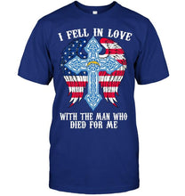 Load image into Gallery viewer, I fell in love with the man who died for me Los Angeles Chargers jesus cross wings shirt