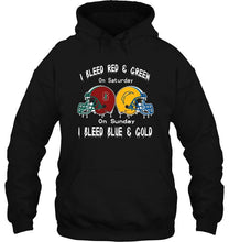 Load image into Gallery viewer, I bleed Stanford Cardinal red &amp; green on saturday sunday I bleed Los Angeles Chargers gold &amp; blue shirt