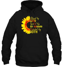Load image into Gallery viewer, Blessed by God spoiled by my husband protected by both sunflower Black T Shirt
