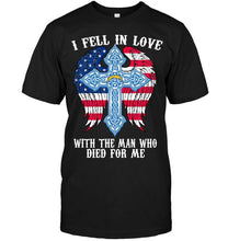 Load image into Gallery viewer, I fell in love with the man who died for me Los Angeles Chargers jesus cross wings shirt