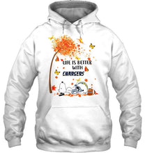 Load image into Gallery viewer, Life is better with los angeles chargers snoopy sleeping under autumn tree shirt