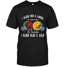 Load image into Gallery viewer, I bleed Stanford Cardinal red &amp; green on saturday sunday I bleed Los Angeles Chargers gold &amp; blue shirt