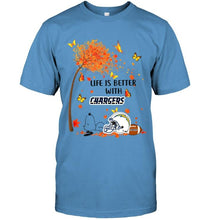 Load image into Gallery viewer, Life is better with los angeles chargers snoopy sleeping under autumn tree shirt
