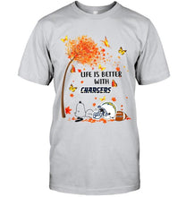 Load image into Gallery viewer, Life is better with los angeles chargers snoopy sleeping under autumn tree shirt