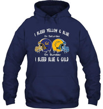Load image into Gallery viewer, I bleed California Golden Bears yellow &amp; blue on saturday sunday I bleed Los Angeles Chargers gold &amp; blue shirt