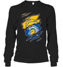 Load image into Gallery viewer, Los Angeles Chargers and San Jose State Spartans layer under ripped shirt