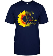 Load image into Gallery viewer, Blessed by God spoiled by my husband protected by both sunflower Black T Shirt