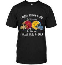 Load image into Gallery viewer, I bleed USC Trojans yellow &amp; red on saturday sunday I bleed Los Angeles Chargers gold &amp; blue shirt