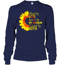 Load image into Gallery viewer, Blessed by God spoiled by my husband protected by both sunflower Black T Shirt