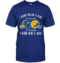 Load image into Gallery viewer, I bleed San Jose State Spartans yellow &amp; blue on saturday sunday I bleed Los Angeles Chargers gold &amp; blue shirt