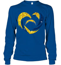 Load image into Gallery viewer, Los Angeles Chargers heart love golden glitter pattern hurricane shirt