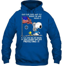 Load image into Gallery viewer, Flag does not fly because wind moves it It flies with breath of soldier died protecting it los angeles chargers snoopy shirt