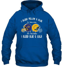 Load image into Gallery viewer, I bleed California Golden Bears yellow &amp; blue on saturday sunday I bleed Los Angeles Chargers gold &amp; blue shirt