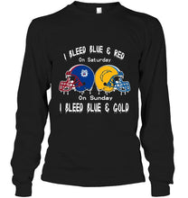 Load image into Gallery viewer, I bleed Fresno State Bulldogs blue &amp; red on saturday sunday I bleed Los Angeles Chargers gold &amp; blue shirt