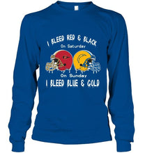 Load image into Gallery viewer, I bleed San Diego State Aztecs red &amp; black on saturday sunday I bleed Los Angeles Chargers gold &amp; blue shirt