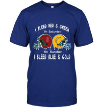 Load image into Gallery viewer, I bleed Stanford Cardinal red &amp; green on saturday sunday I bleed Los Angeles Chargers gold &amp; blue shirt