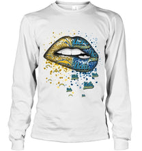 Load image into Gallery viewer, Los Angeles Chargers and UCLA Bruins glitter pattern sexy lips t shirt