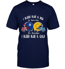 Load image into Gallery viewer, I bleed Fresno State Bulldogs blue &amp; red on saturday sunday I bleed Los Angeles Chargers gold &amp; blue shirt