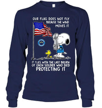 Load image into Gallery viewer, Flag does not fly because wind moves it It flies with breath of soldier died protecting it los angeles chargers snoopy shirt