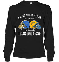 Load image into Gallery viewer, I bleed UCLA Bruins yellow &amp; blue on saturday sunday I bleed Los Angeles Chargers gold &amp; blue shirt
