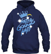 Load image into Gallery viewer, Los Angeles Chargers crown haters gonna hate glitter pattern t shirt
