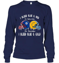 Load image into Gallery viewer, I bleed Fresno State Bulldogs blue &amp; red on saturday sunday I bleed Los Angeles Chargers gold &amp; blue shirt