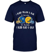 Load image into Gallery viewer, I bleed San Jose State Spartans yellow &amp; blue on saturday sunday I bleed Los Angeles Chargers gold &amp; blue shirt