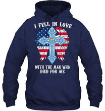 Load image into Gallery viewer, I fell in love with the man who died for me Los Angeles Chargers jesus cross wings shirt