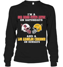 Load image into Gallery viewer, I'm San Diego State Aztec on saturdays and Los Angeles Charger on sundays shirt