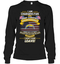 Load image into Gallery viewer, Los Angeles Chargers fan Say merry christmas drink beer eat meat salute our flag if offend you I don't care shirt