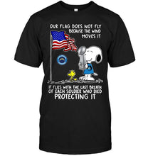 Load image into Gallery viewer, Flag does not fly because wind moves it It flies with breath of soldier died protecting it los angeles chargers snoopy shirt
