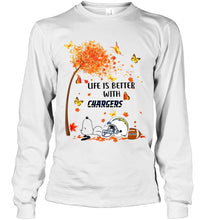Load image into Gallery viewer, Life is better with los angeles chargers snoopy sleeping under autumn tree shirt