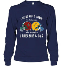 Load image into Gallery viewer, I bleed Stanford Cardinal red &amp; green on saturday sunday I bleed Los Angeles Chargers gold &amp; blue shirt