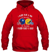 Load image into Gallery viewer, I bleed Fresno State Bulldogs blue &amp; red on saturday sunday I bleed Los Angeles Chargers gold &amp; blue shirt
