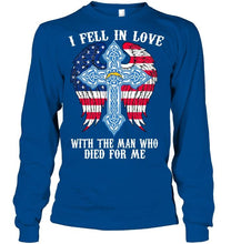Load image into Gallery viewer, I fell in love with the man who died for me Los Angeles Chargers jesus cross wings shirt