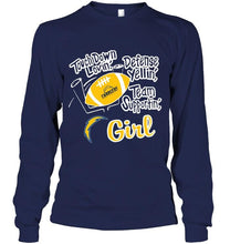 Load image into Gallery viewer, touch down lovin defense yellin team supportin Los Angeles Chargers girl shirt
