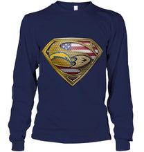Load image into Gallery viewer, Los Angeles Chargers and Anaheim Ducks superman american flag layer shirt