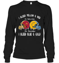 Load image into Gallery viewer, I bleed USC Trojans yellow &amp; red on saturday sunday I bleed Los Angeles Chargers gold &amp; blue shirt