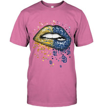 Load image into Gallery viewer, Los Angeles Chargers and San Diego Padres glitter pattern sexy lips t shirt