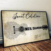 Load image into Gallery viewer, Neil Diamond sweet caroline lyric typography guitar signed poster canvas