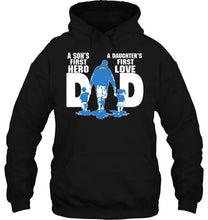 Load image into Gallery viewer, Los Angeles Chargers Dad son's first hero daughter's first love shirt